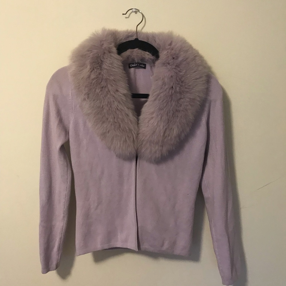 Lavender sweater with real fur collar